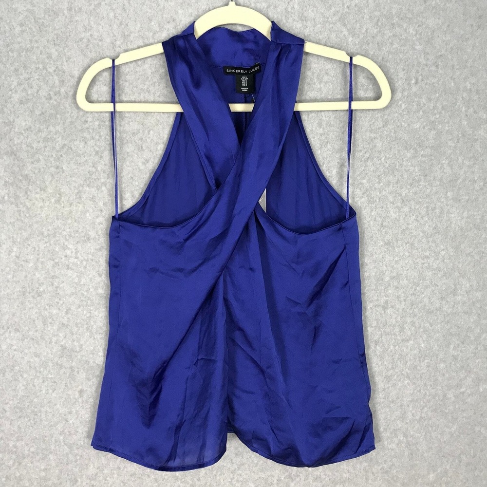 Sincerely Jules Satin Tank Top Small Blue Blouse Halter‎ Wrap Silky Party Glam